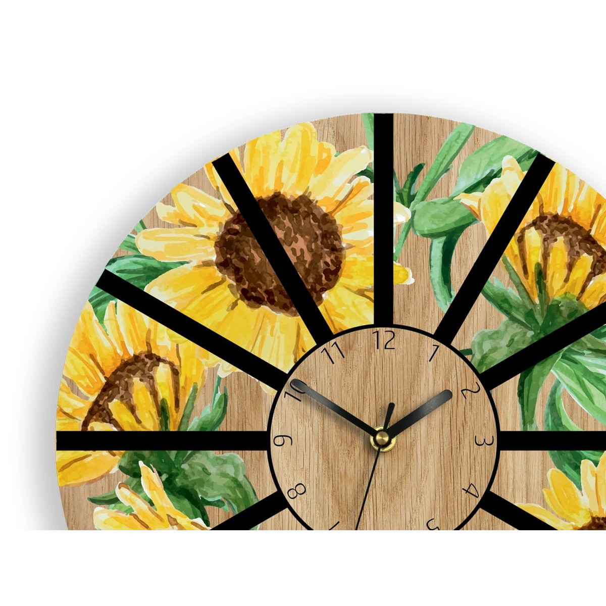 Ceasuri de perete din stejar cu floarea-soarelui 33cm