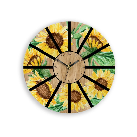 Ceasuri de perete din stejar cu floarea-soarelui 33cm