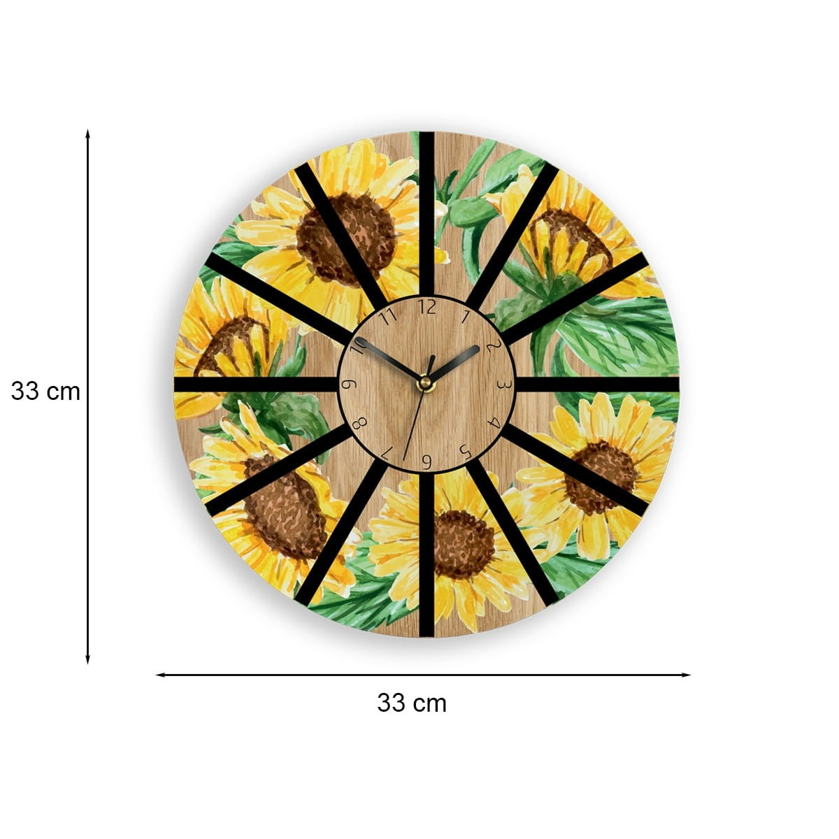Ceasuri de perete din stejar cu floarea-soarelui 33cm