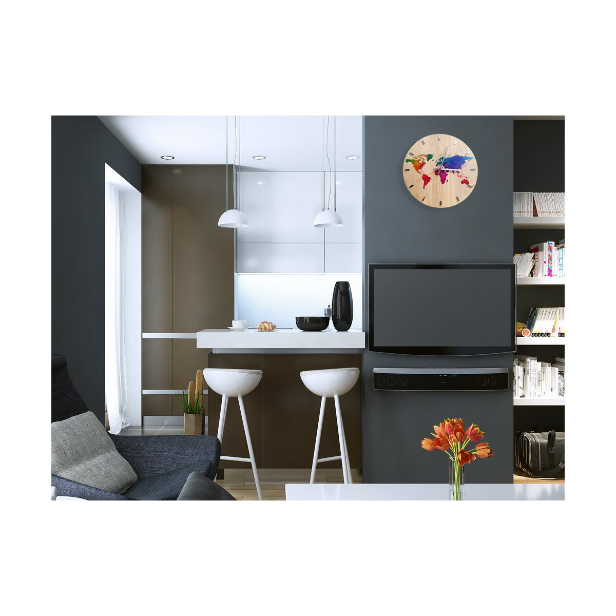 Nástenné hodiny MAPA SVETA - farebná z dubového dreva 33 cm