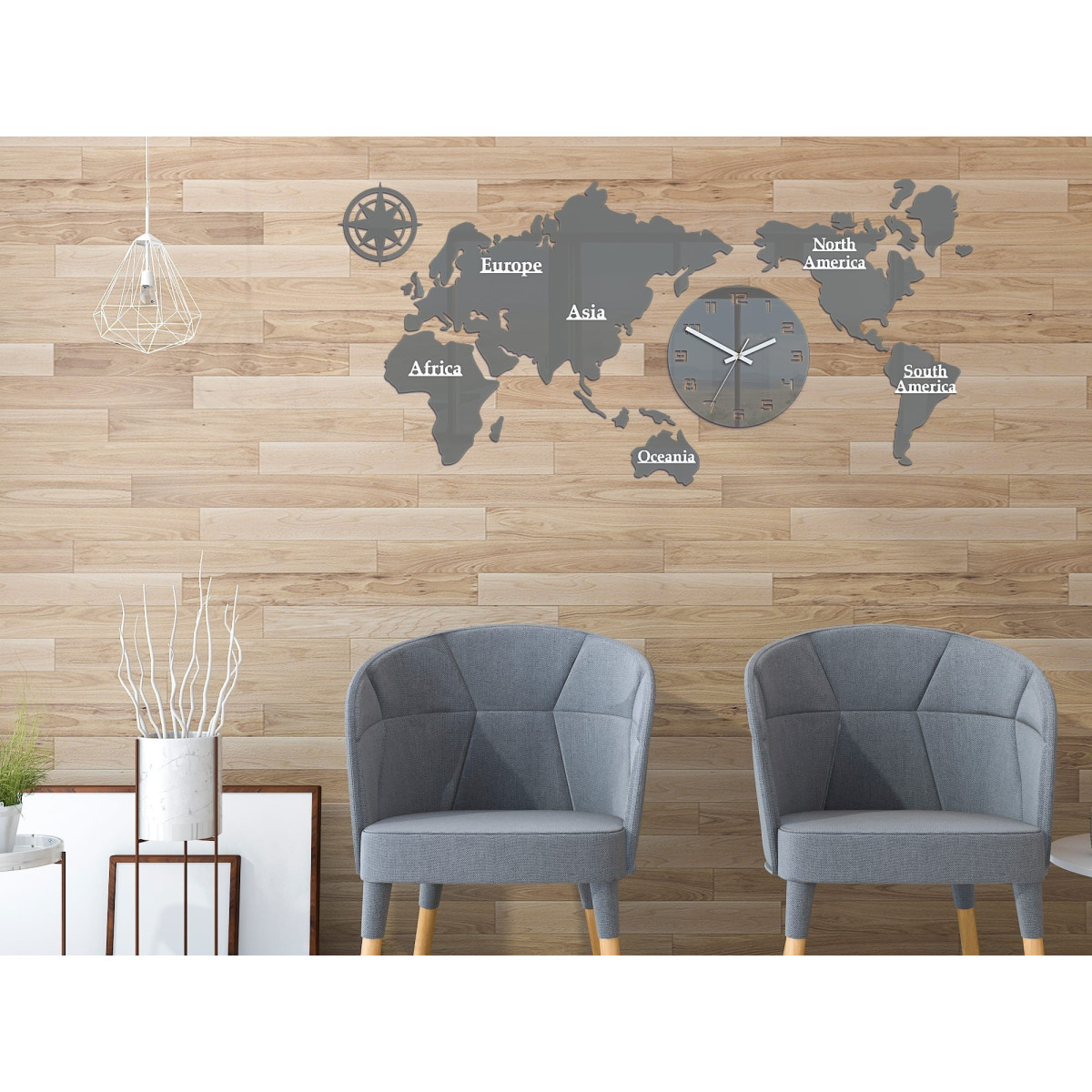 Ceas de perete harta lumii de culoare gri