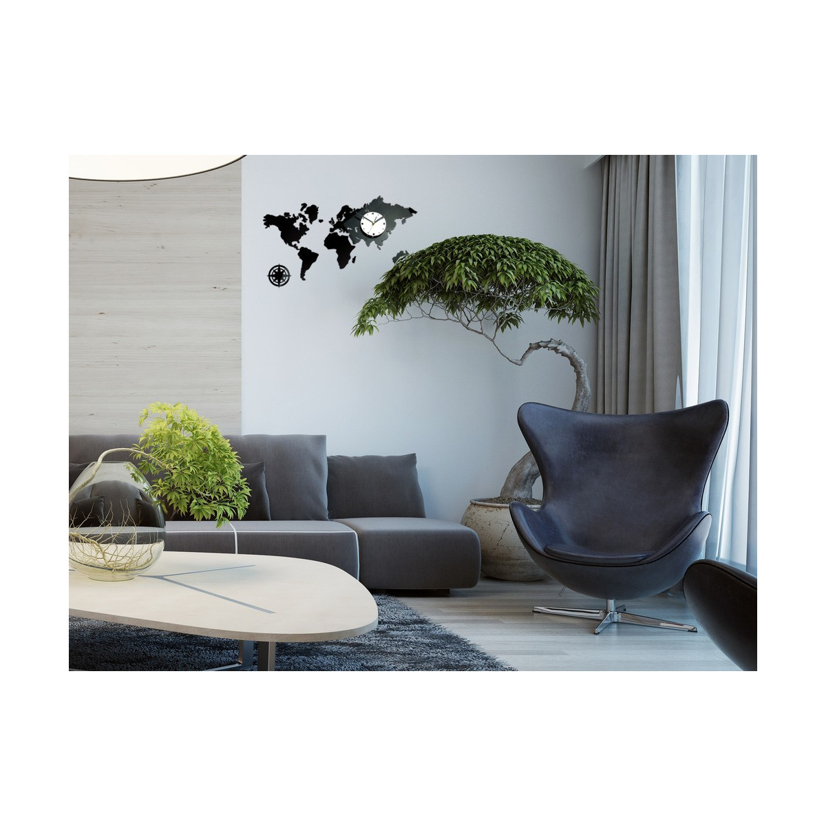 Ceas de perete cu hartă a lumii în culoare neagră