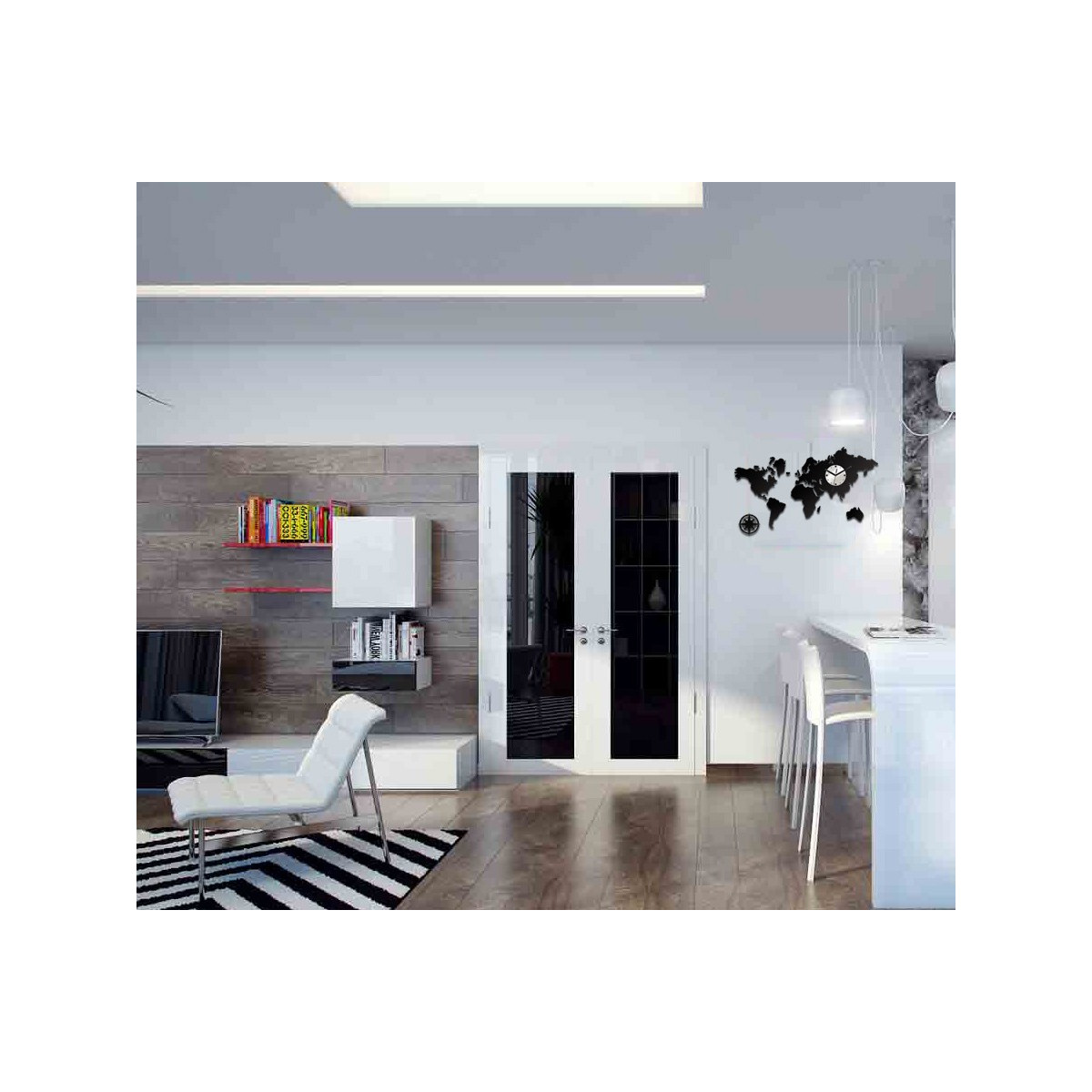 Ceas de perete cu hartă a lumii în culoare neagră