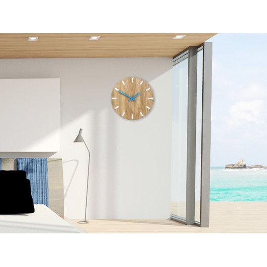 Ceasuri moderne din stejar SIMPLE - alb/albastru 33cm