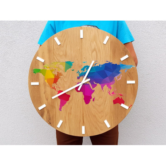 Ceas de perete din lemn cu hartă colorată a lumii de 60 cm