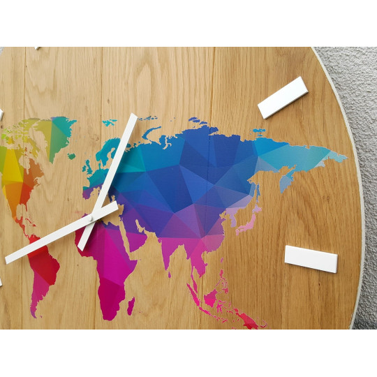 Ceas de perete din lemn cu hartă colorată a lumii de 60 cm