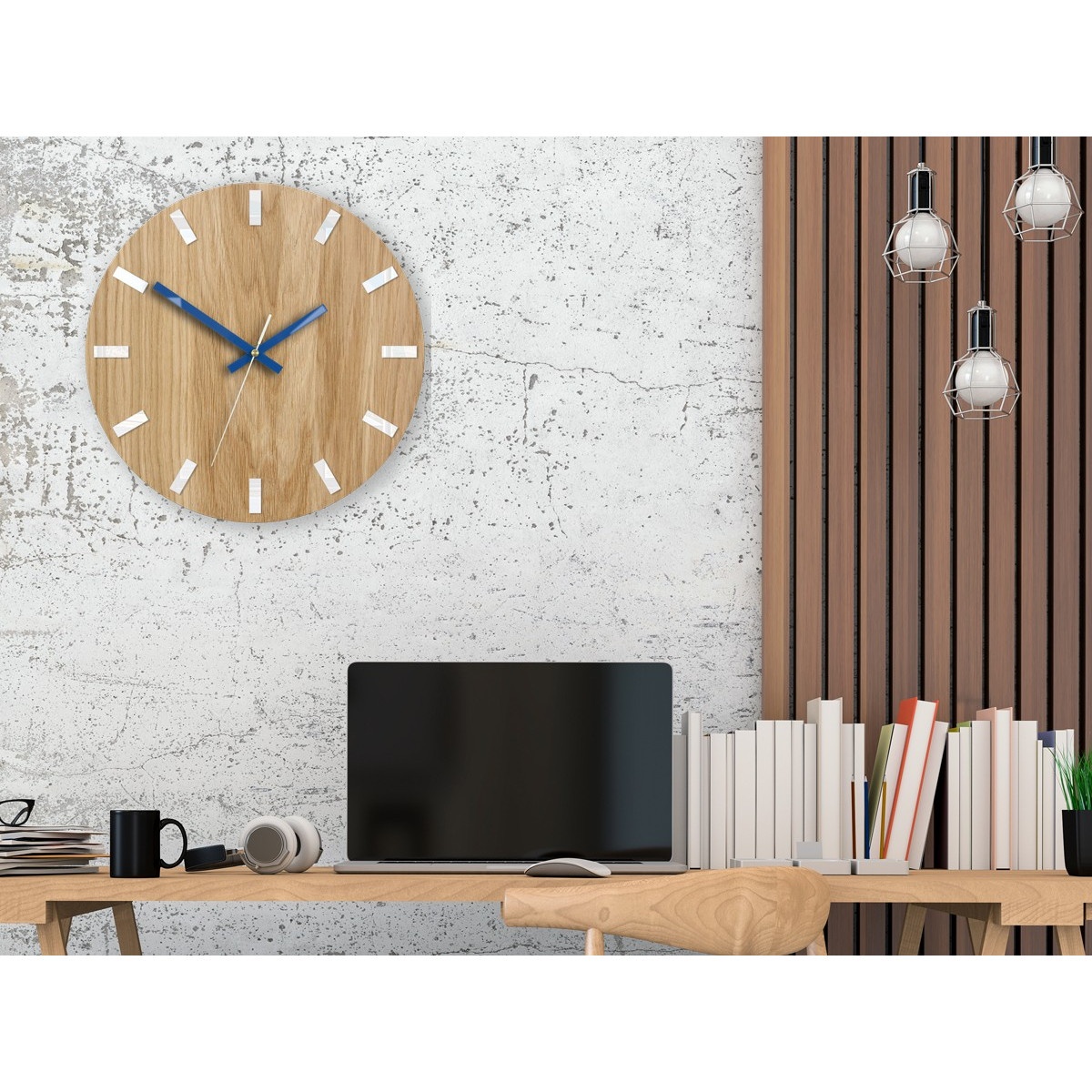 Ceasuri moderne din stejar SIMPLE - alb/albastru închis 33cm