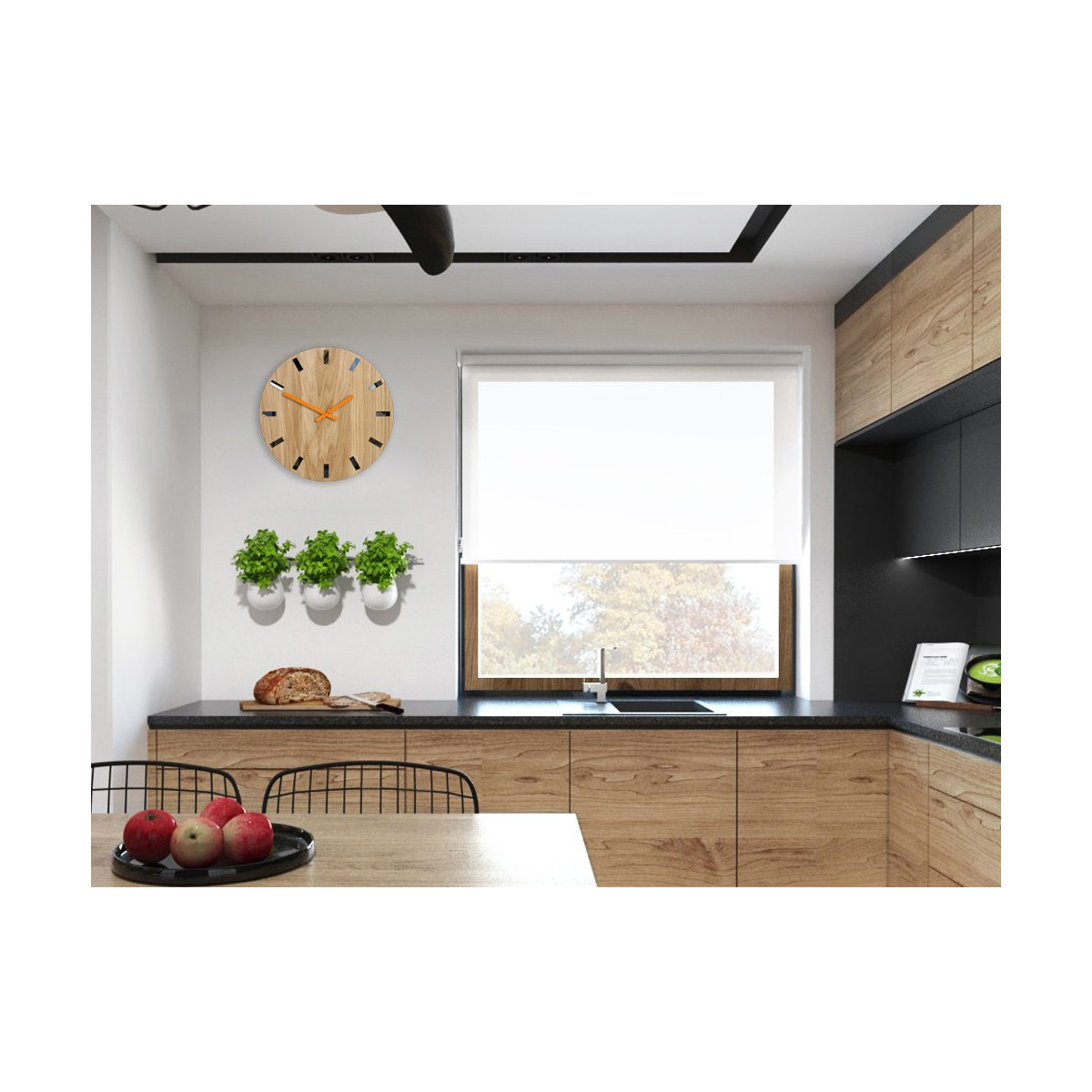 Ceasuri moderne din stejar SIMPLE - negru/oranj 33cm
