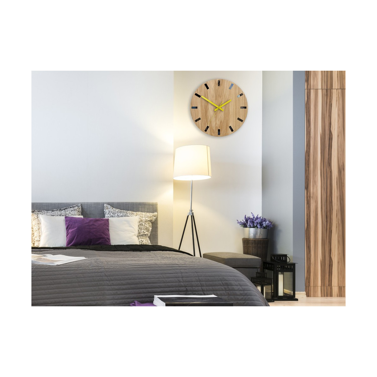 Ceasuri moderne din stejar SIMPLE - negru/galben 33cm