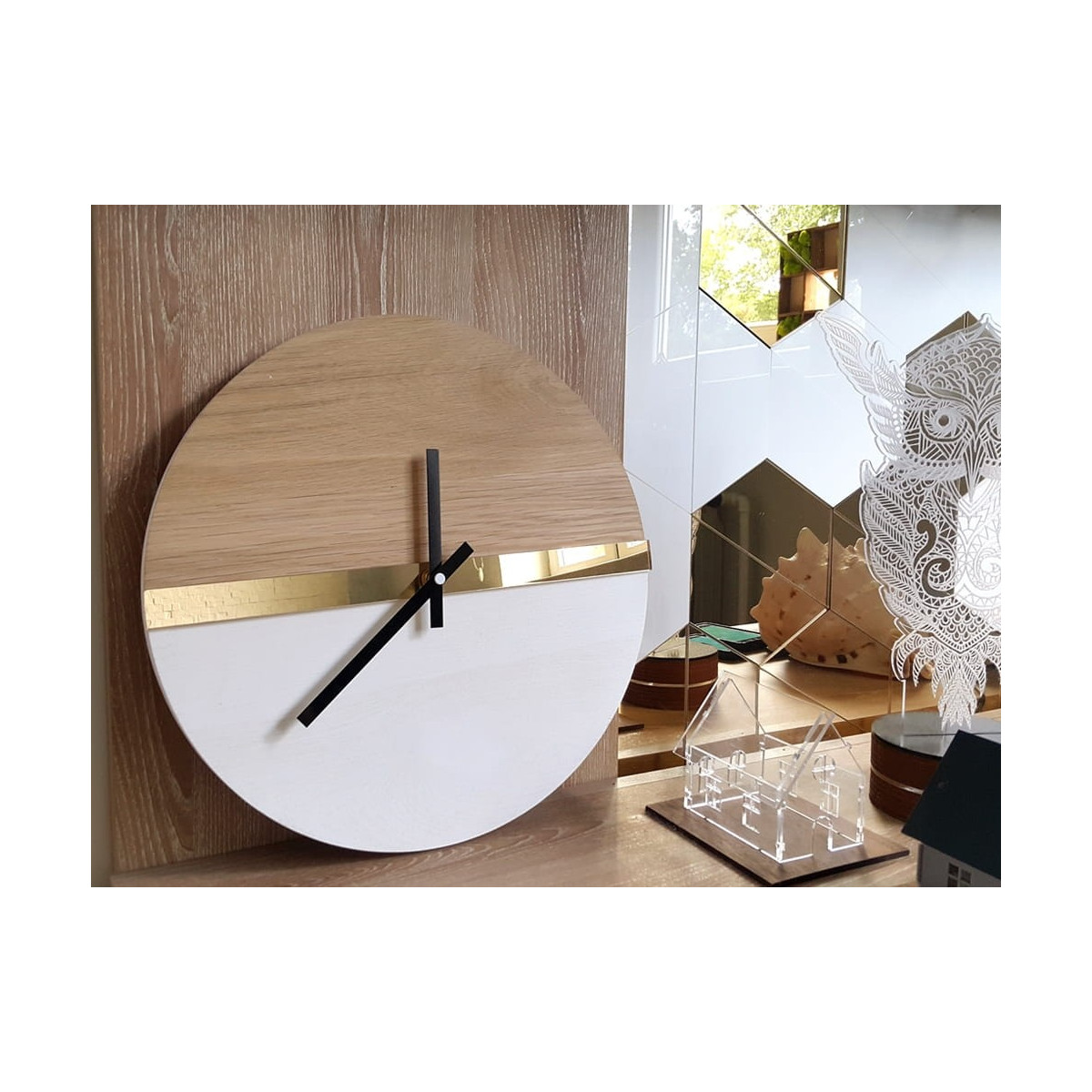 Ceas de perete din stejar cu oglindă, 33 cm