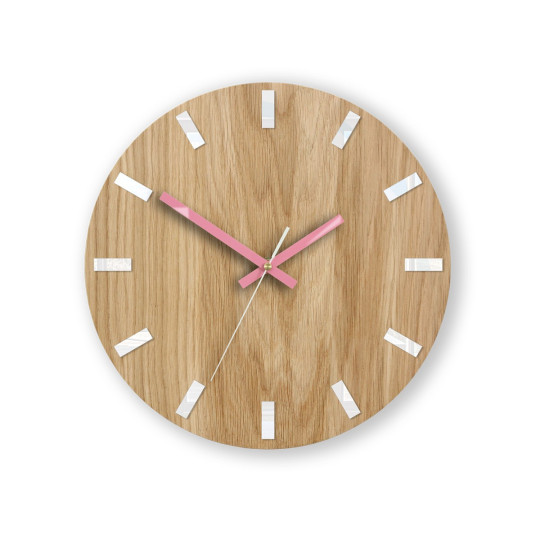 Ceas de perete din stejar SIMPLE - alb/roz 33 cm