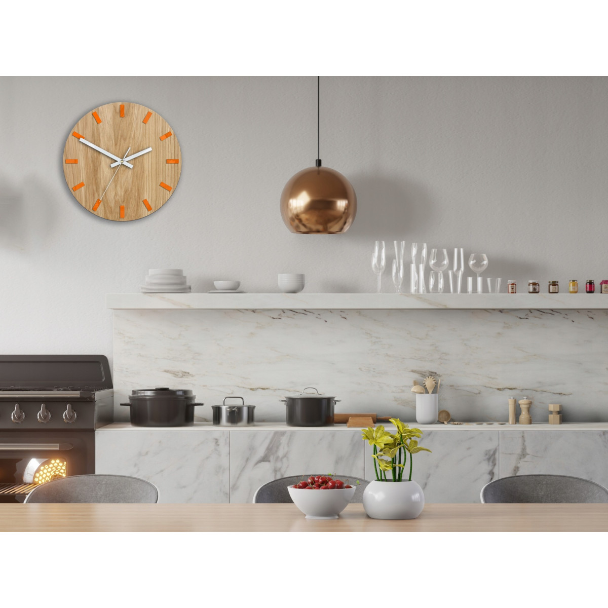 Ceasuri de perete din stejar SIMPLE - portocaliu/alb 33 cm