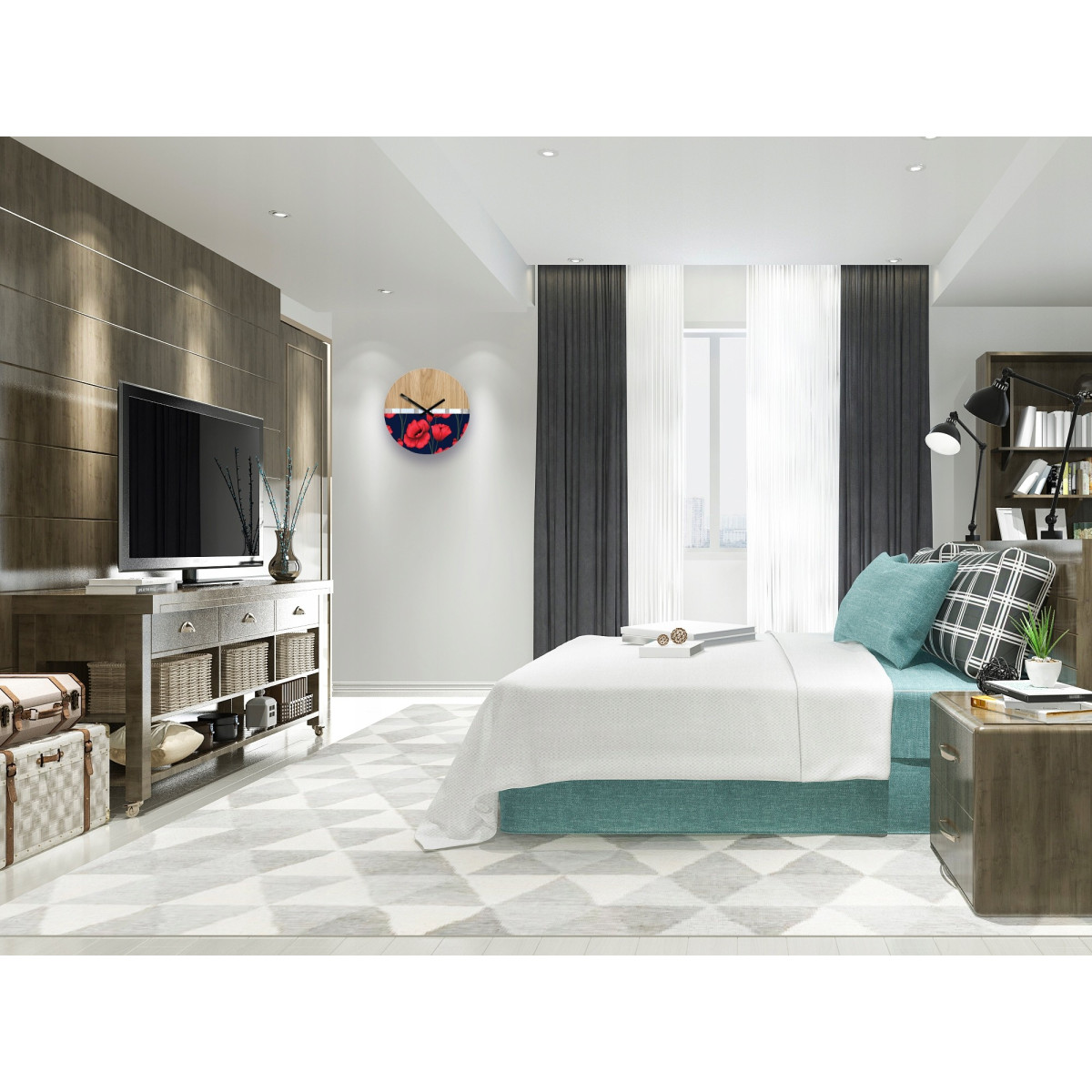 CEASURI DE PERETE din lemn cu motiv Maci sălbatici SILENT 33 CM