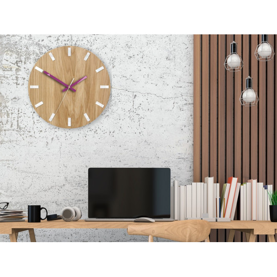 Ceas de perete din lemn SLIM alb și violet 33 cm