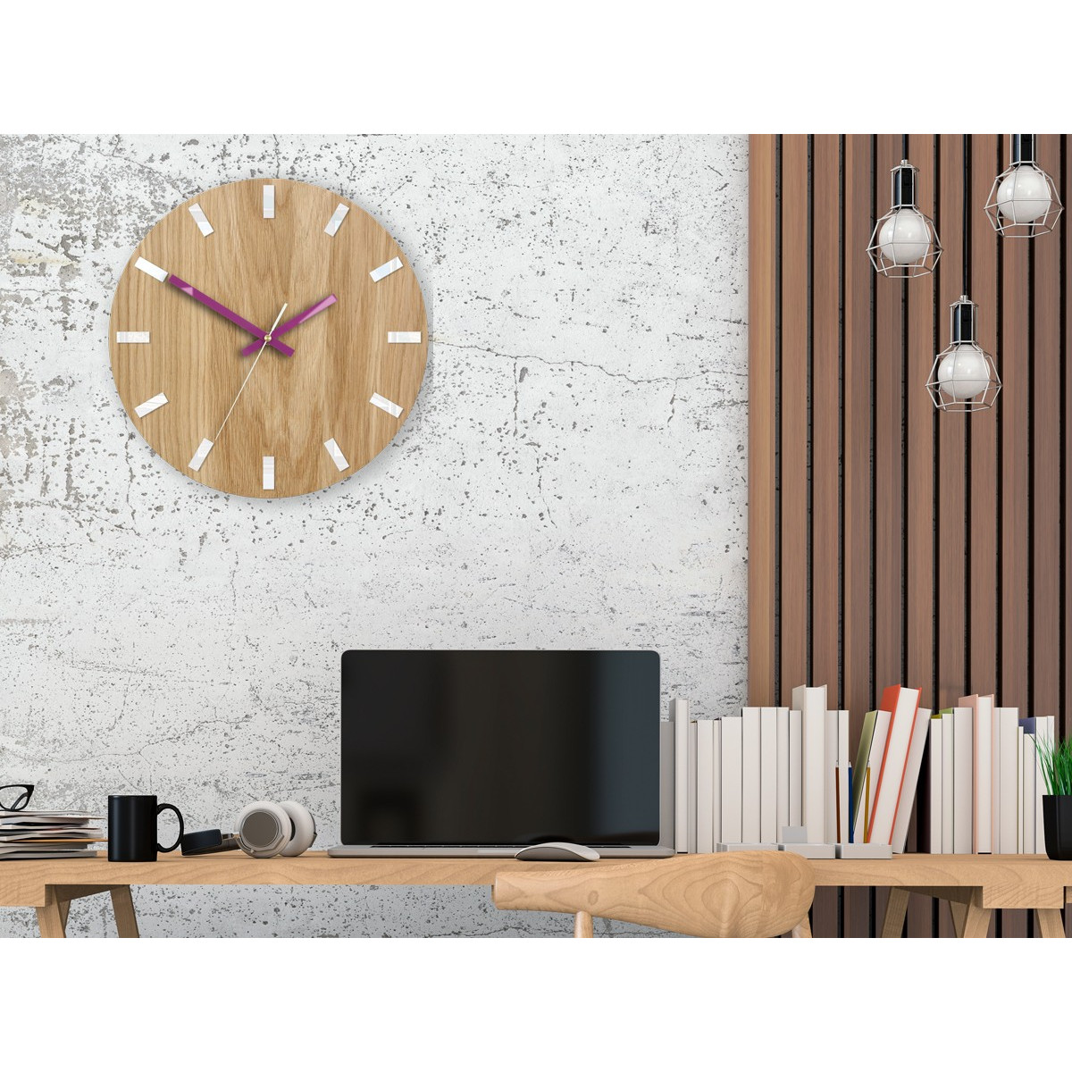 Ceas de perete din lemn SLIM alb și violet 33 cm