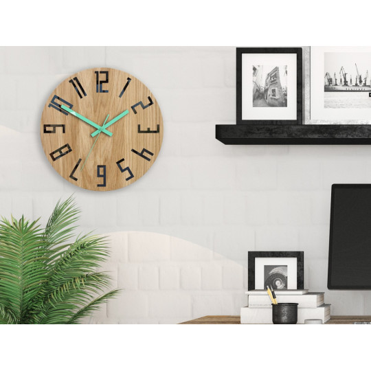 Ceas de perete din stejar SLIM - negru/mint 33 cm