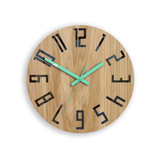 Ceas de perete din stejar SLIM - negru/mint 33 cm