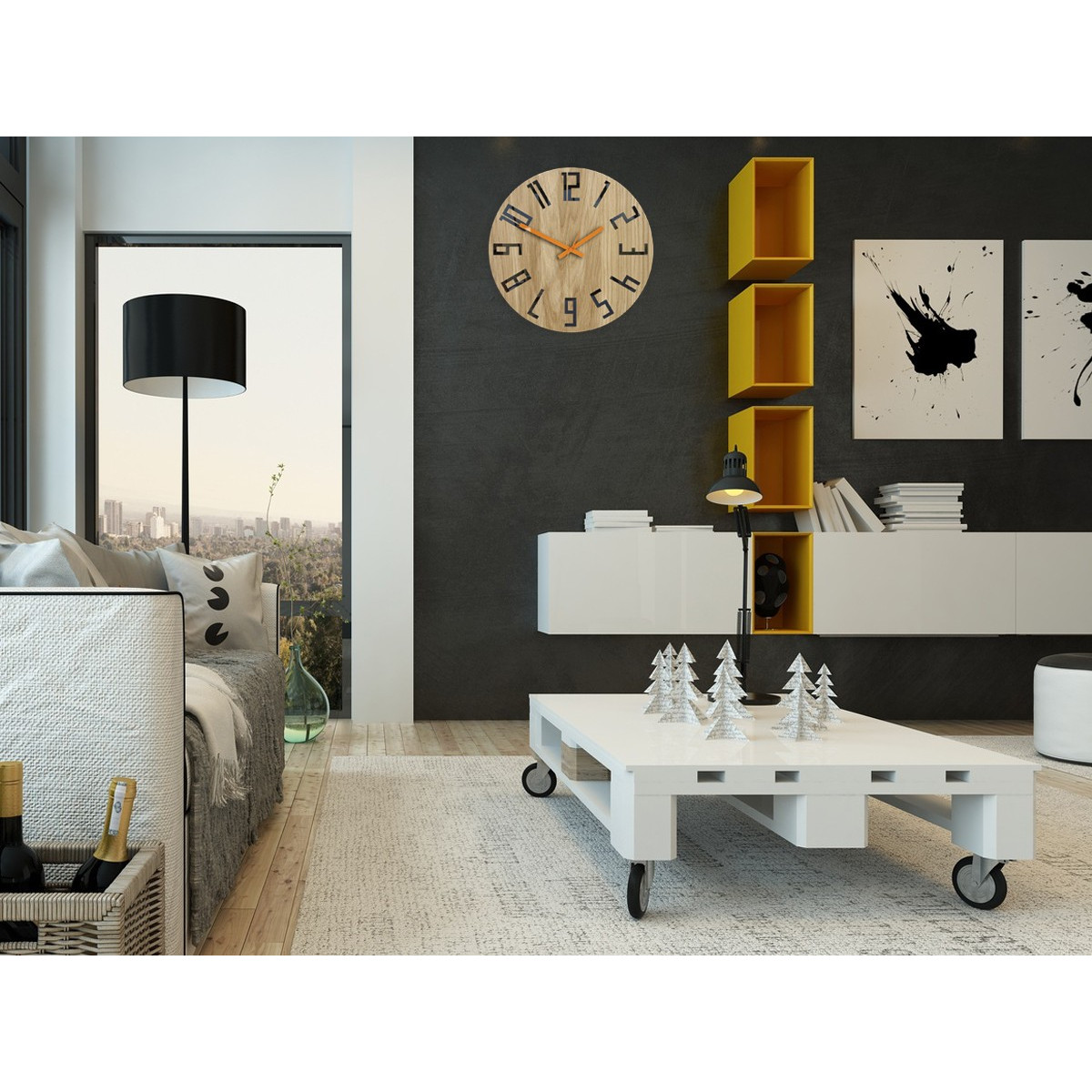 Ceas de perete din stejar SLIM - negru/portocaliu 33 cm