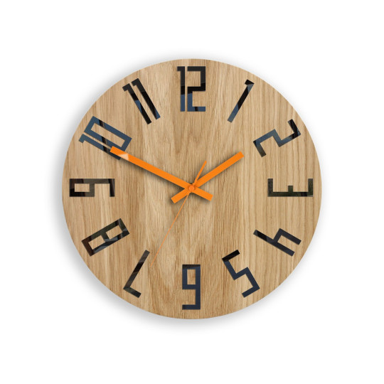 Ceas de perete din stejar SLIM - negru/portocaliu 33 cm
