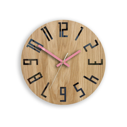 Ceas de perete din stejar SLIM - negru/roz 33 cm