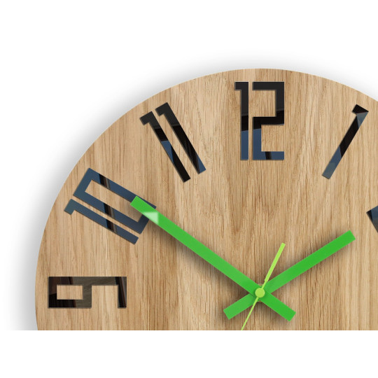 Ceas de perete din stejar SLIM - negru/verde 33 cm