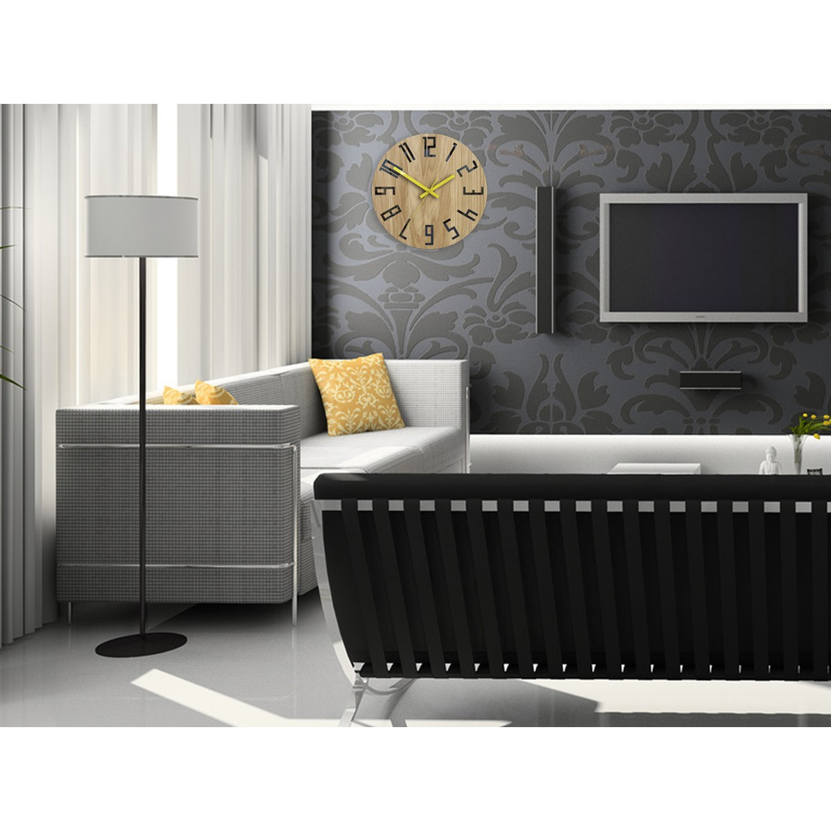 Ceas de perete din stejar SLIM - negru/galben 33 cm