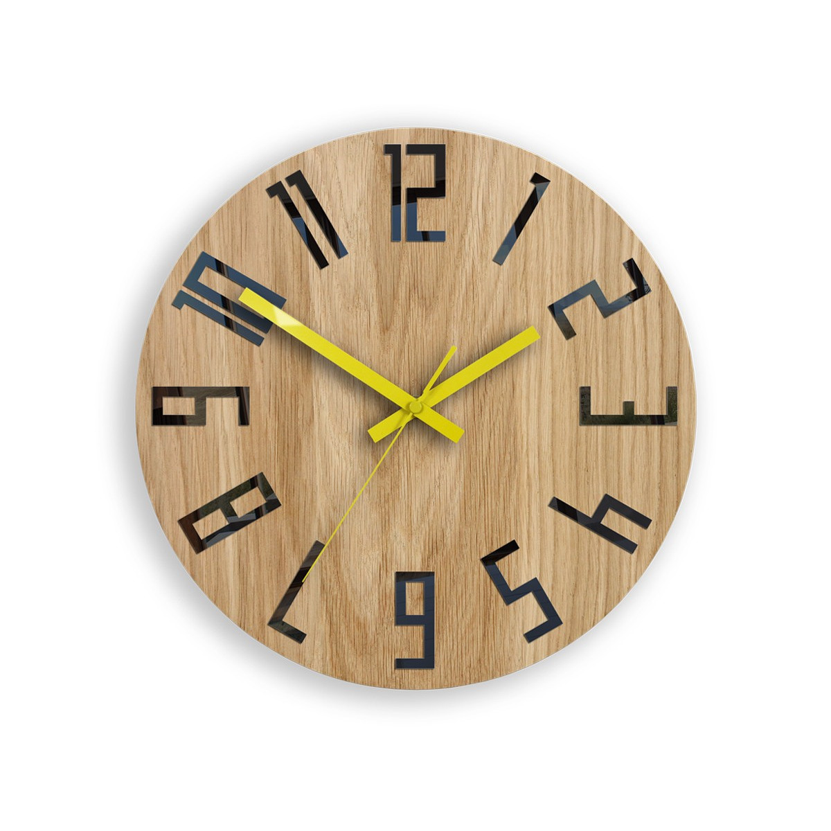 Ceas de perete din stejar SLIM - negru/galben 33 cm
