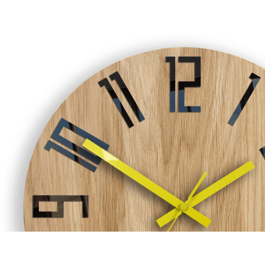 Ceas de perete din stejar SLIM - negru/galben 33 cm