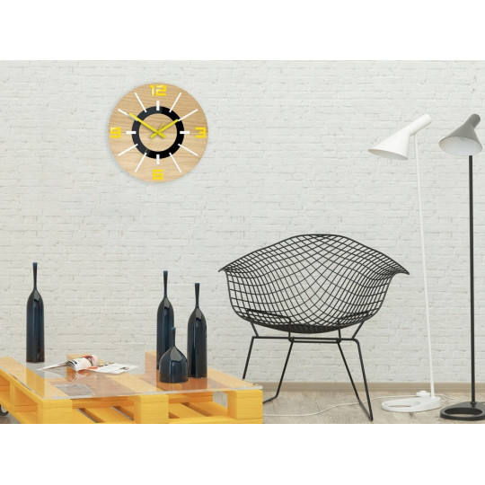 Ceas de perete din stejar, galben, Aladdin 3D, silențios