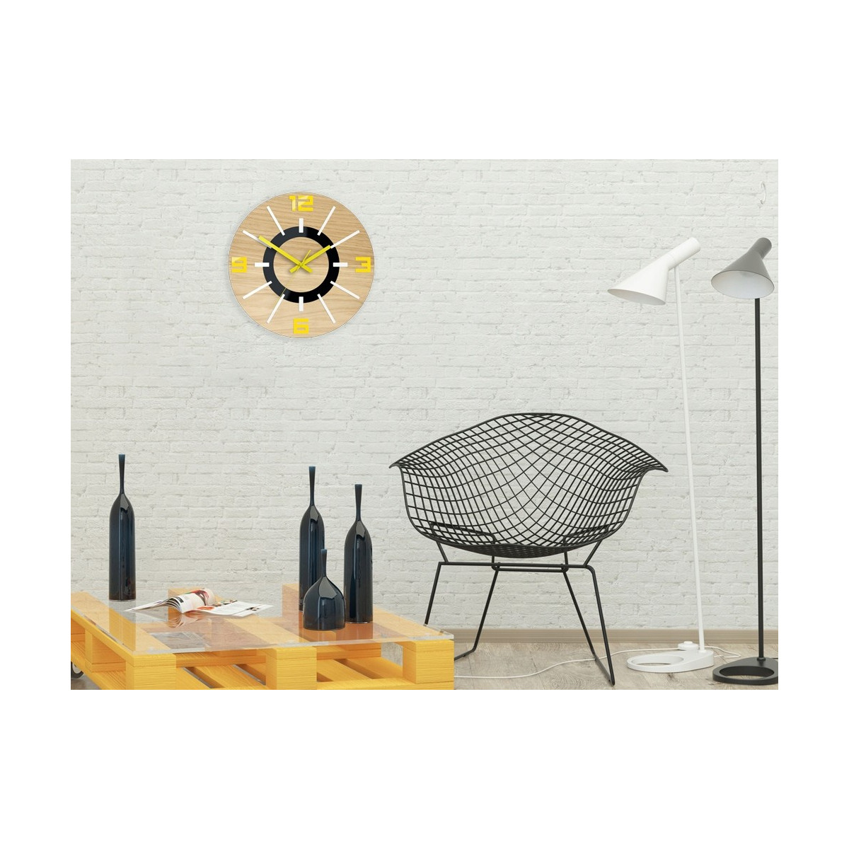 Ceas de perete din stejar, galben, Aladdin 3D, silențios