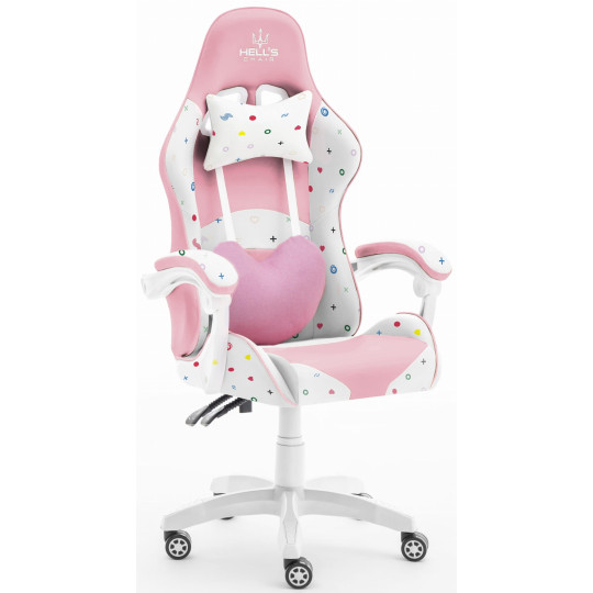 Scaun de joc pentru fete de culoare roz, cu pernă în formă de inimă.