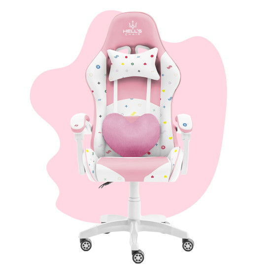 Scaun de joc pentru fete de culoare roz, cu pernă în formă de inimă.