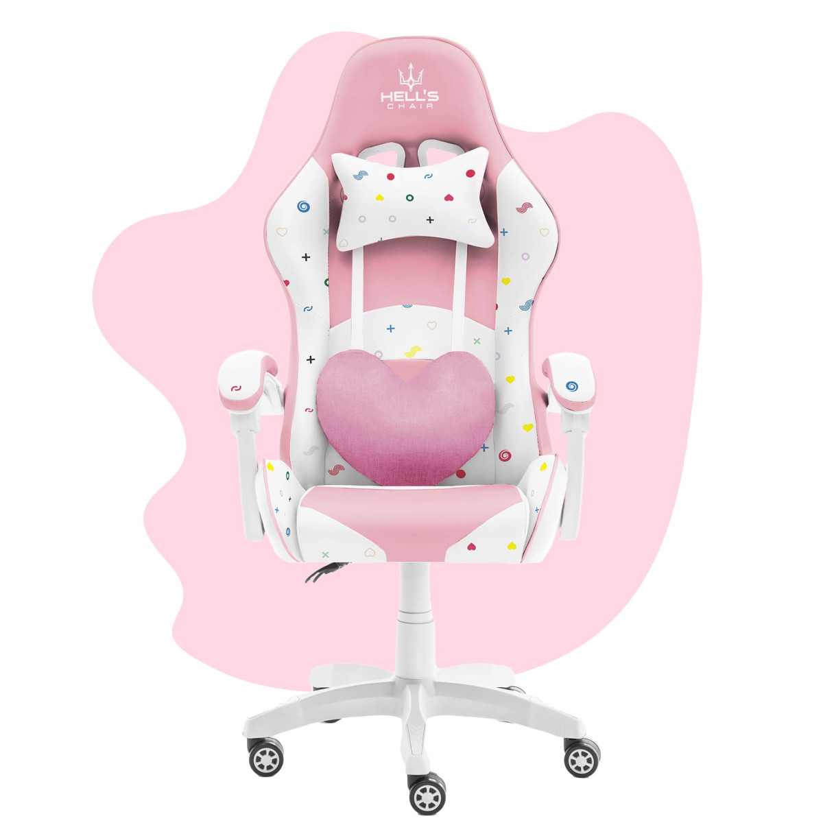 Scaun de joc pentru fete de culoare roz, cu pernă în formă de inimă.