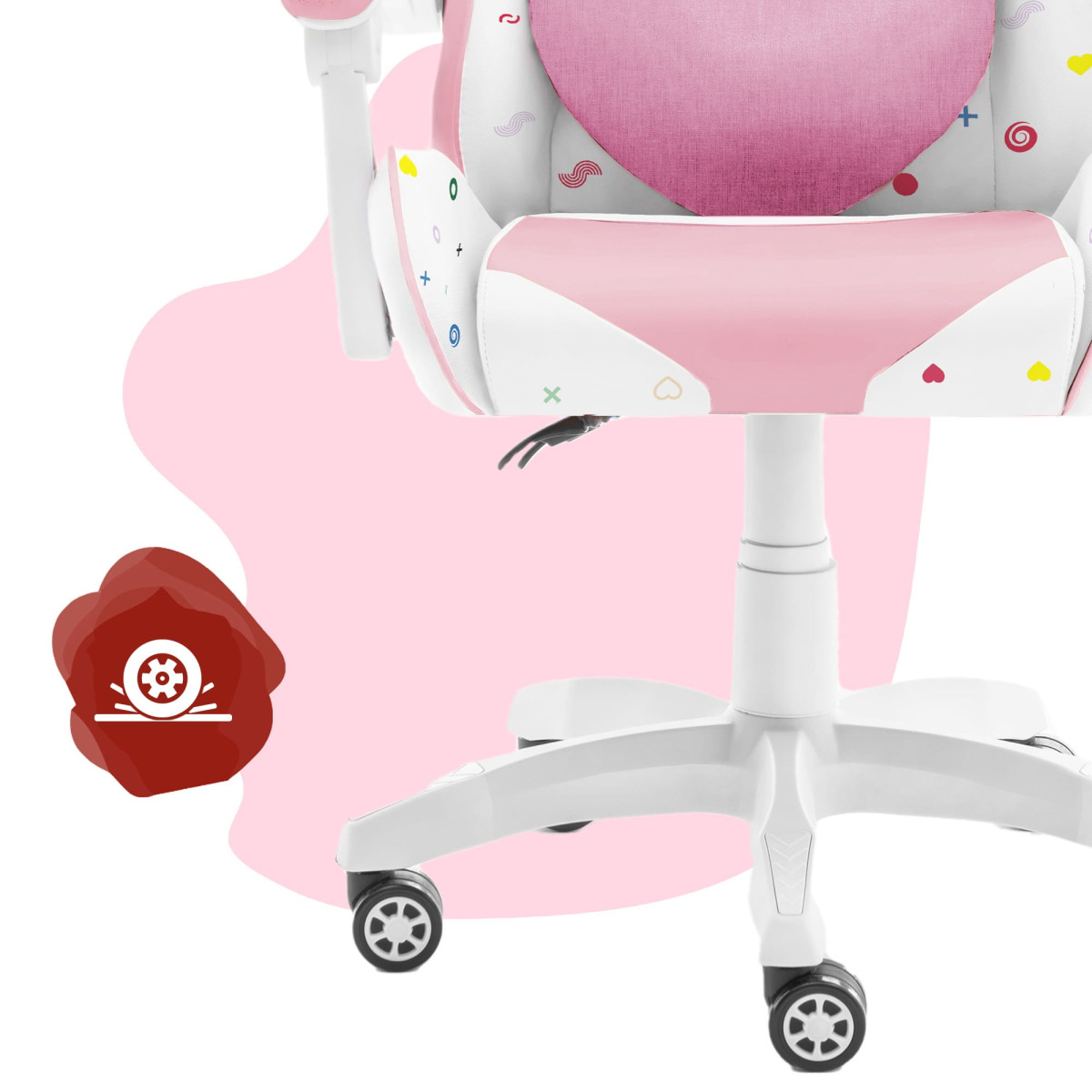 Scaun de joc pentru fete de culoare roz, cu pernă în formă de inimă.