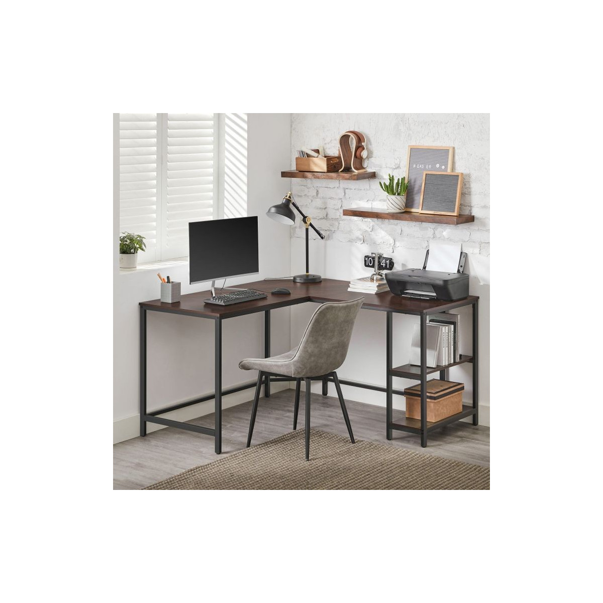 Birou de colț de birou de culoare maro cu rafturi