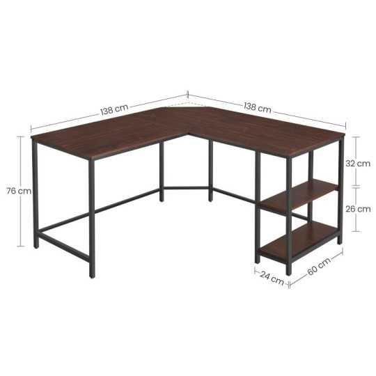 Birou de colț de birou de culoare maro cu rafturi