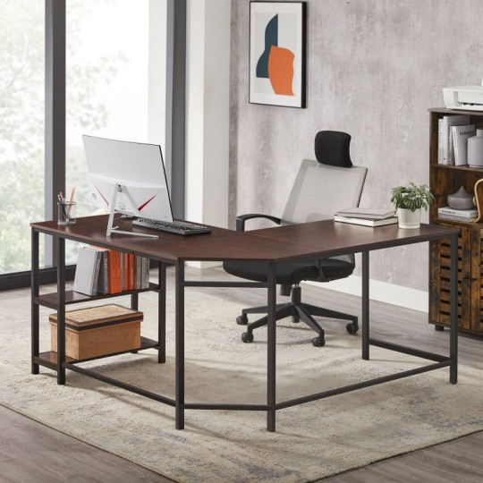 Birou de colț de birou de culoare maro cu rafturi