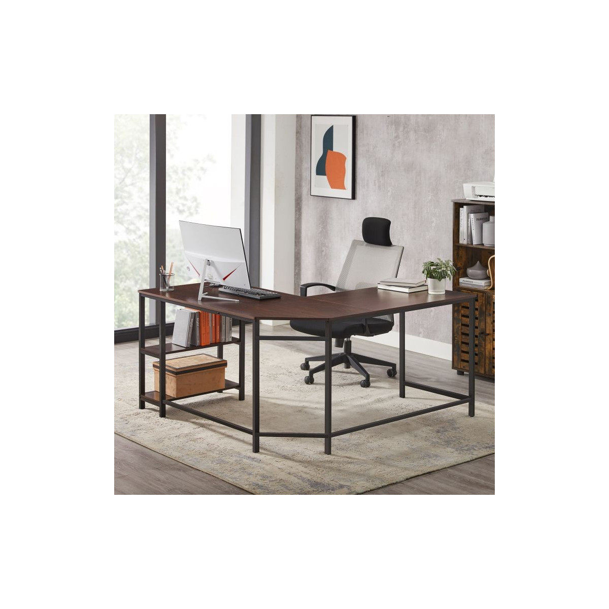 Birou de colț de birou de culoare maro cu rafturi