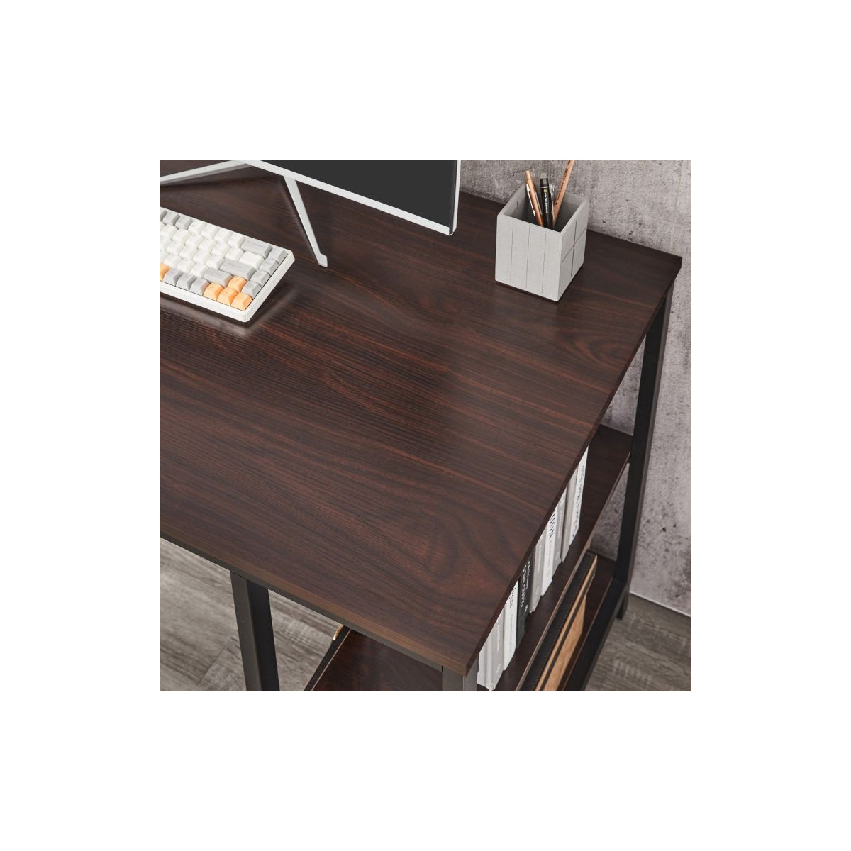 Birou de colț de birou de culoare maro cu rafturi