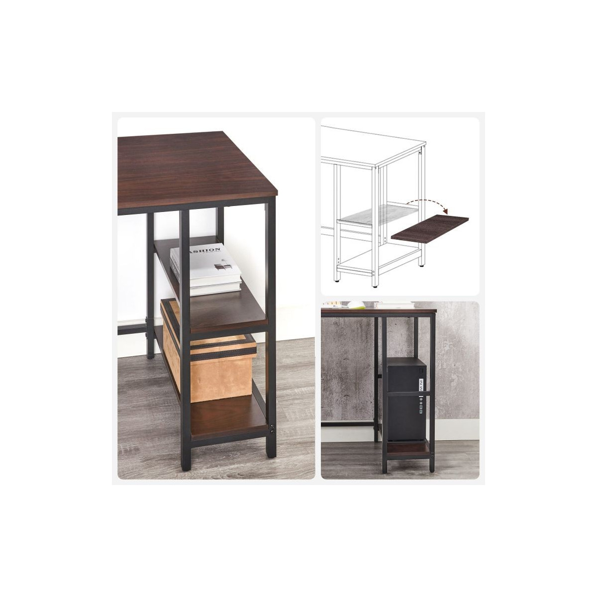 Birou de colț de birou de culoare maro cu rafturi