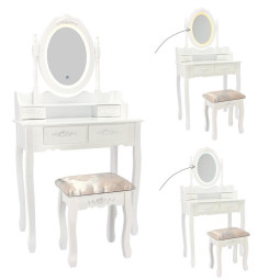 Meseu de toaletă de culoare albă cu oglindă LED și taburet.