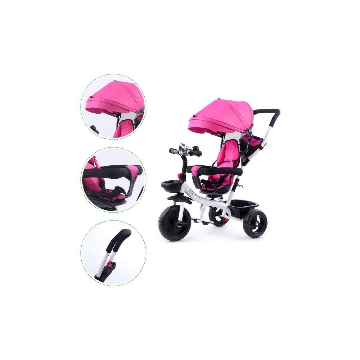 Tricicletă roz pentru copii cu tijă de ghidare