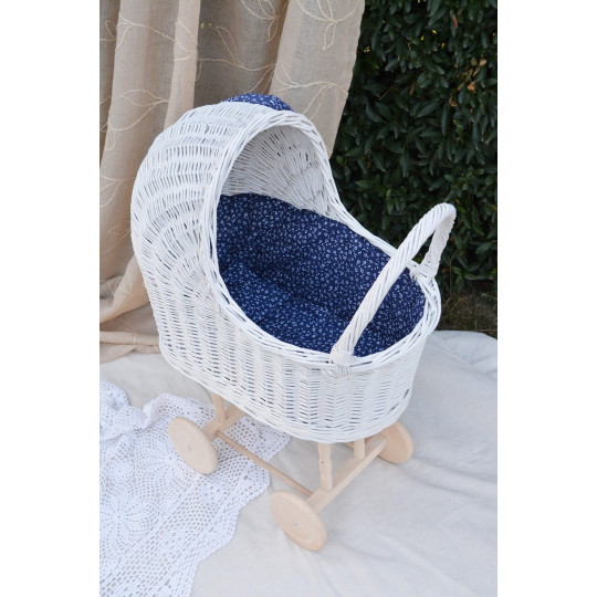 Cărucior din râmă pentru păpuși, cu fundiță de culoare albastră