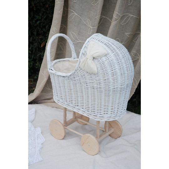 Cărucior retro din răchită pentru copii, de culoare albă