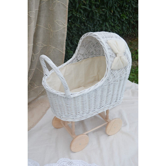 Cărucior retro din răchită pentru copii, de culoare albă