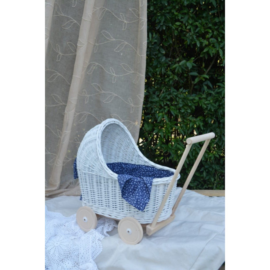 Cărucior de joacă pentru copii din ratan de culoare albă