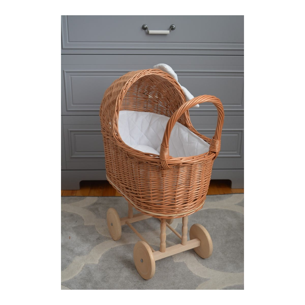 Căruț de păpuși din ratan, fabricat manual