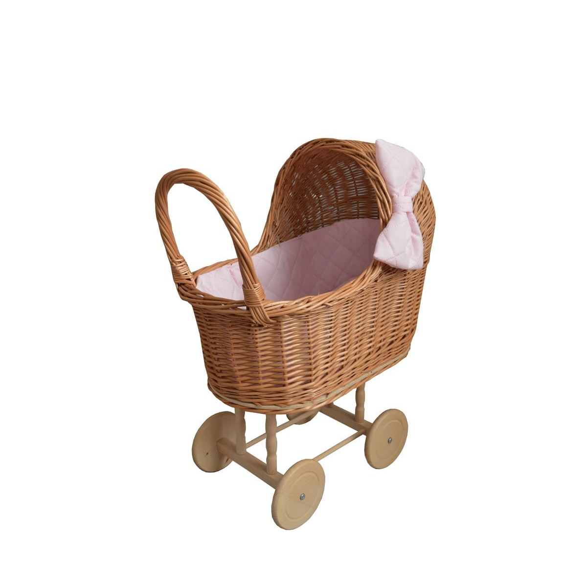 Cărucior pentru păpuși țesut manual, cu umplutură roz și fundiță.