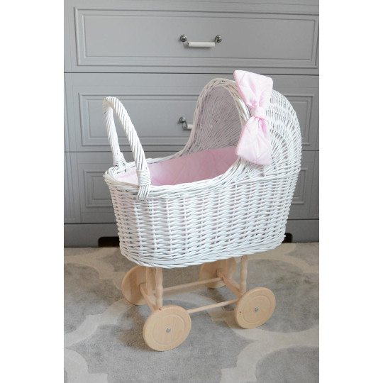 Cărucior alb pentru păpuși, realizat manual, cu fundiță