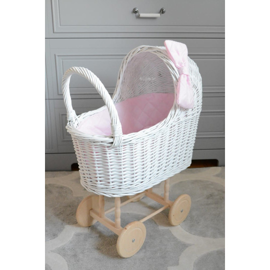 Cărucior alb pentru păpuși, realizat manual, cu fundiță